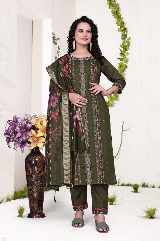 Dark Green Roman Kurta Set - Dhaga Work with Hand Bits Hover Image