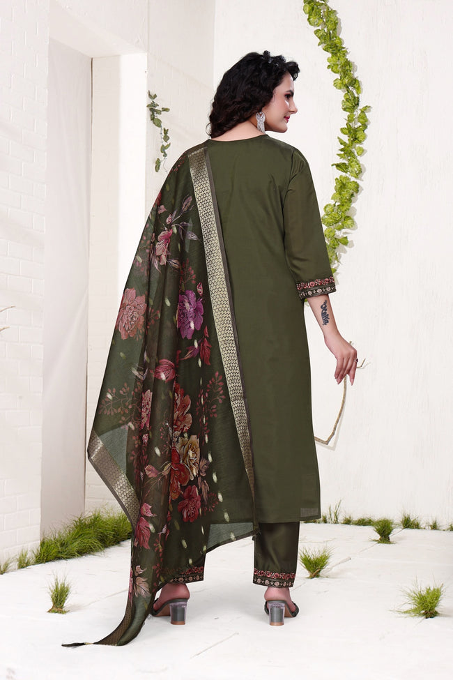 Dark Green Roman Kurta Set - Dhaga Work with Hand Bits Main Image
