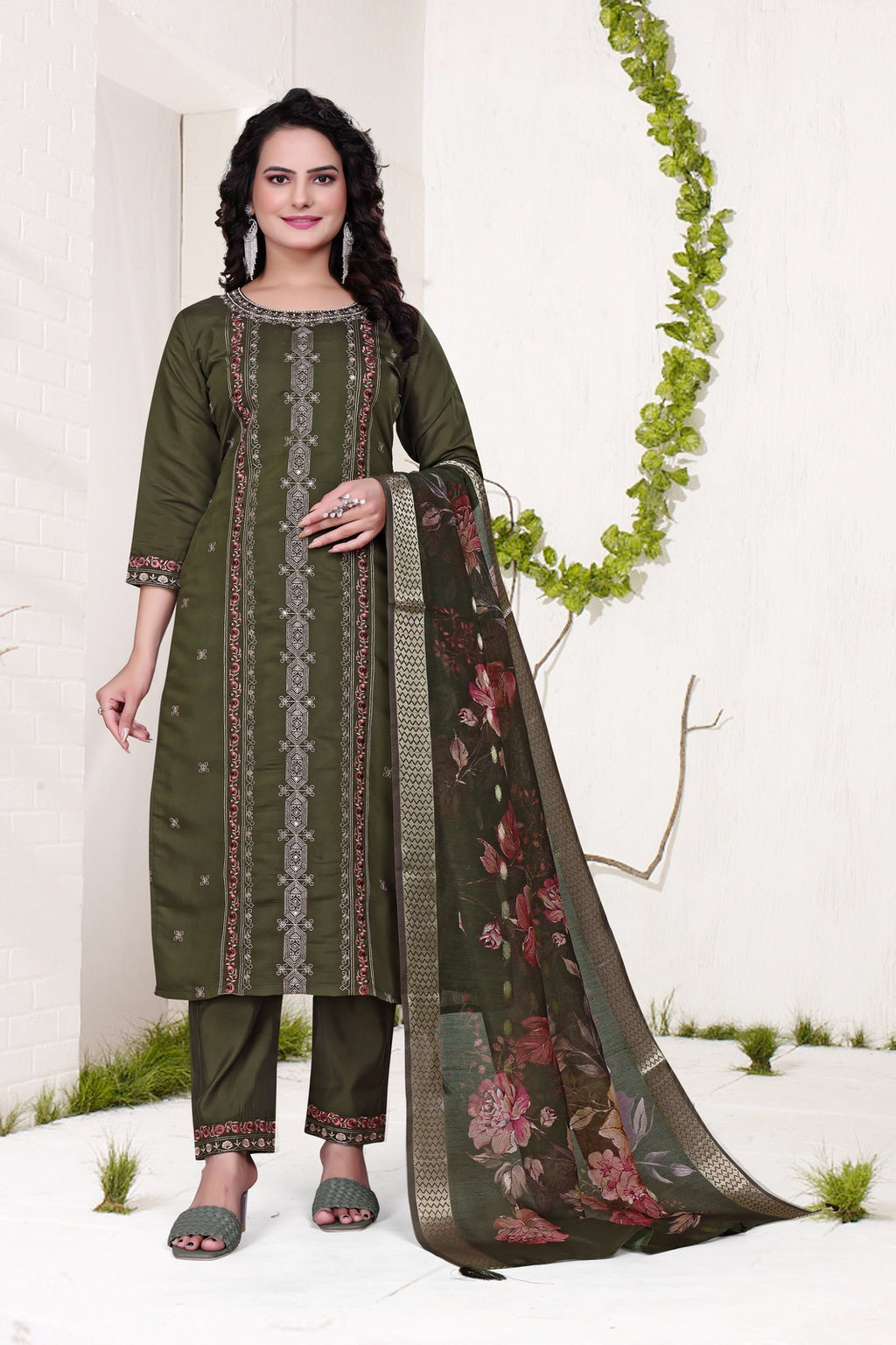 Dark Green Roman Kurta Set - Dhaga Work with Hand Bits