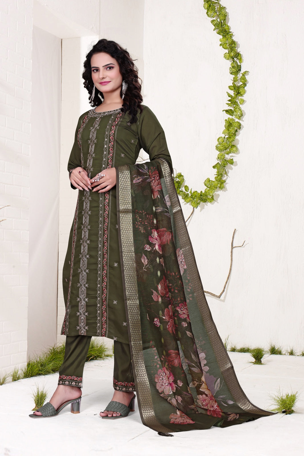 Dark Green Roman Kurta Set - Dhaga Work with Hand Bits