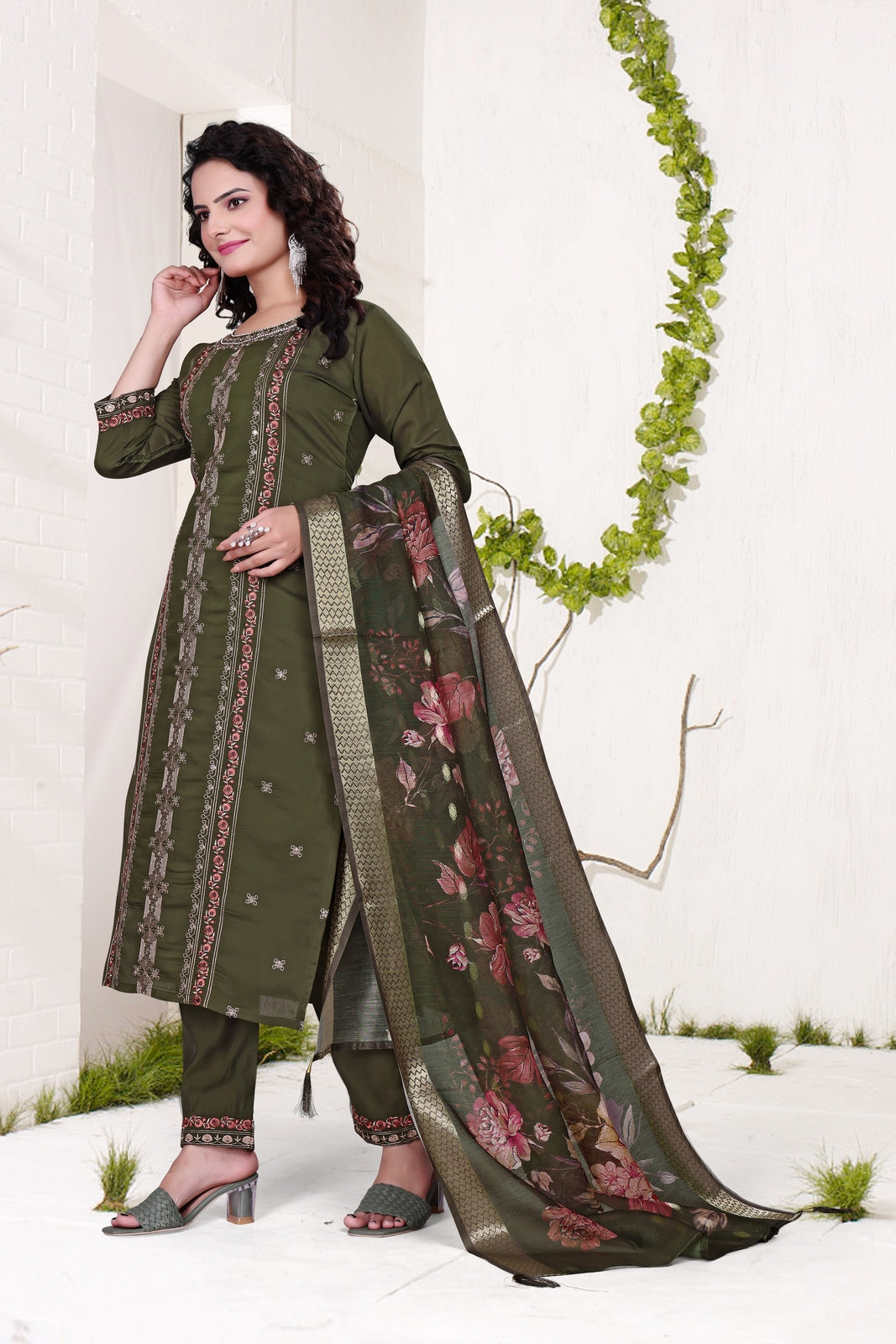Dark Green Roman Kurta Set - Dhaga Work with Hand Bits