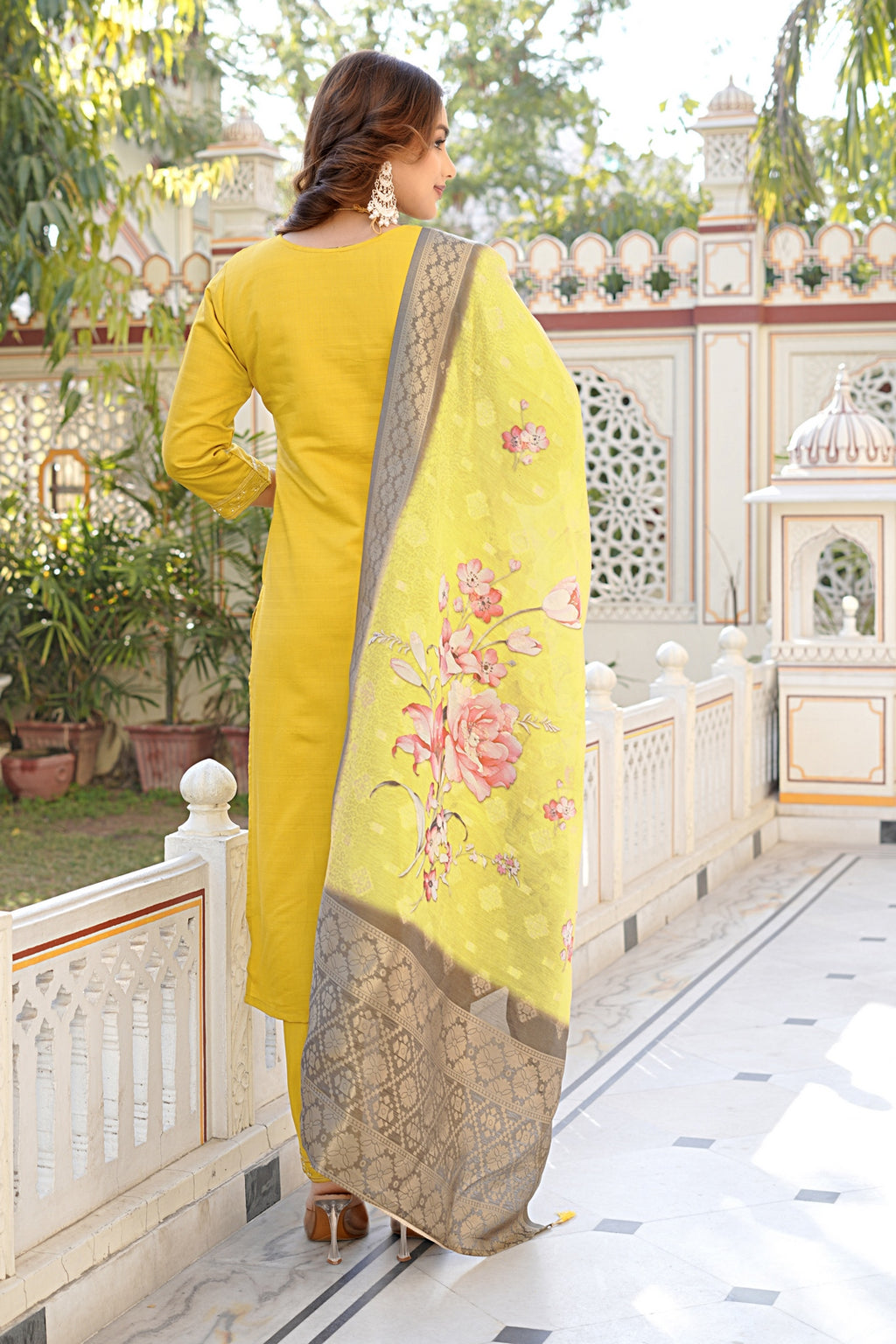 Mustard Yellow Vatican Kurta Set - Floral Embroidery & Jacquard Dupatta