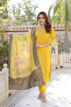 Mustard Yellow Vatican Kurta Set - Floral Embroidery & Jacquard Dupatta