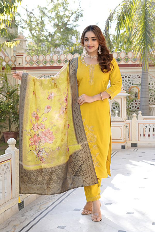 Mustard Yellow Vatican Kurta Set - Floral Embroidery & Jacquard Dupatta
