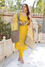 Mustard Yellow Vatican Kurta Set - Floral Embroidery & Jacquard Dupatta
