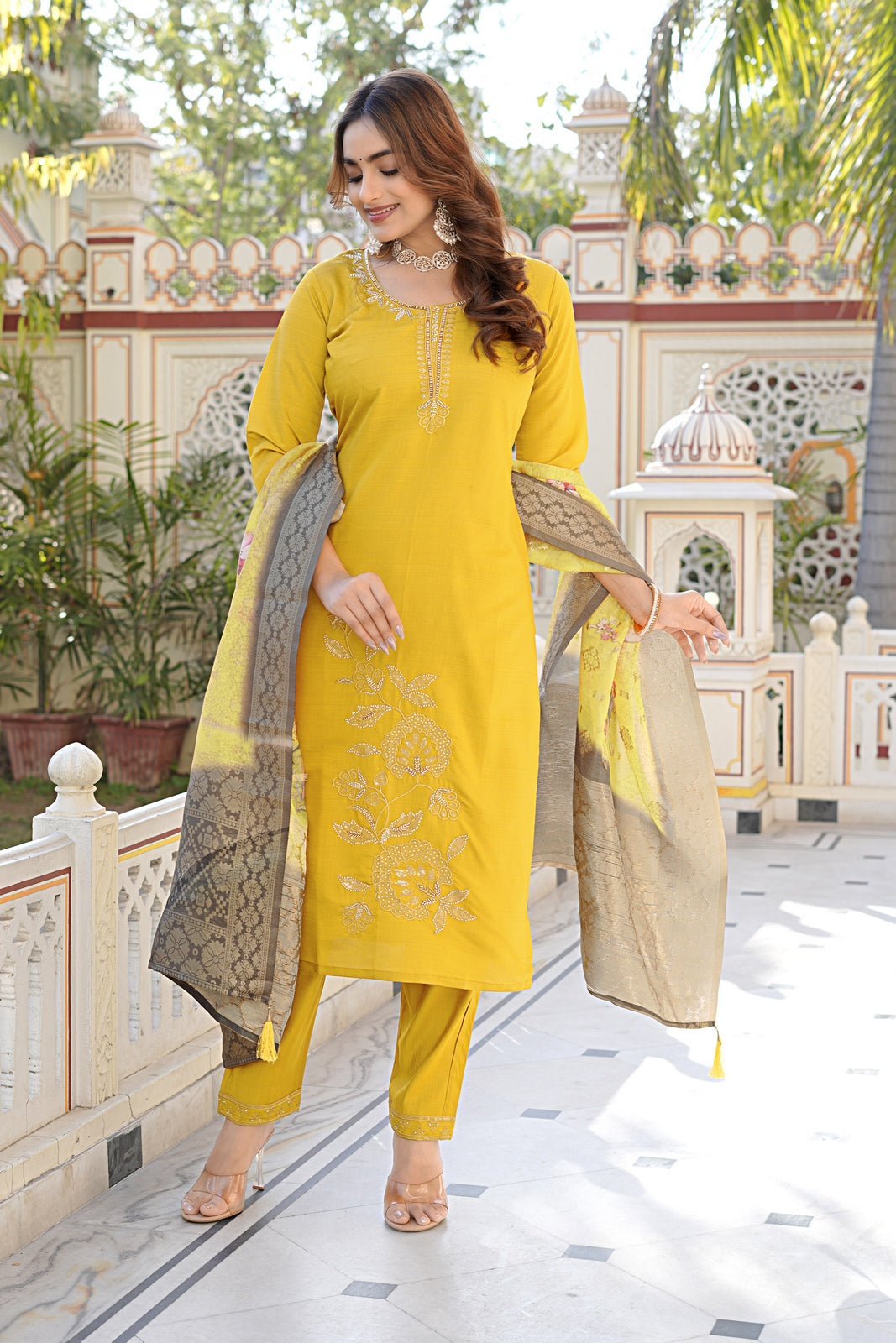 Mustard Yellow Vatican Kurta Set - Floral Embroidery & Jacquard Dupatta