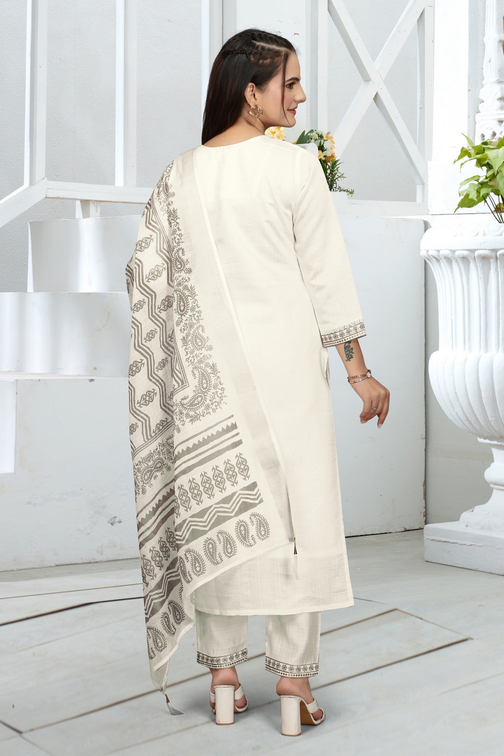White Vatican Kurta Set - Elegant Neck Sequence Embroidery & Jacquard Dupatta
