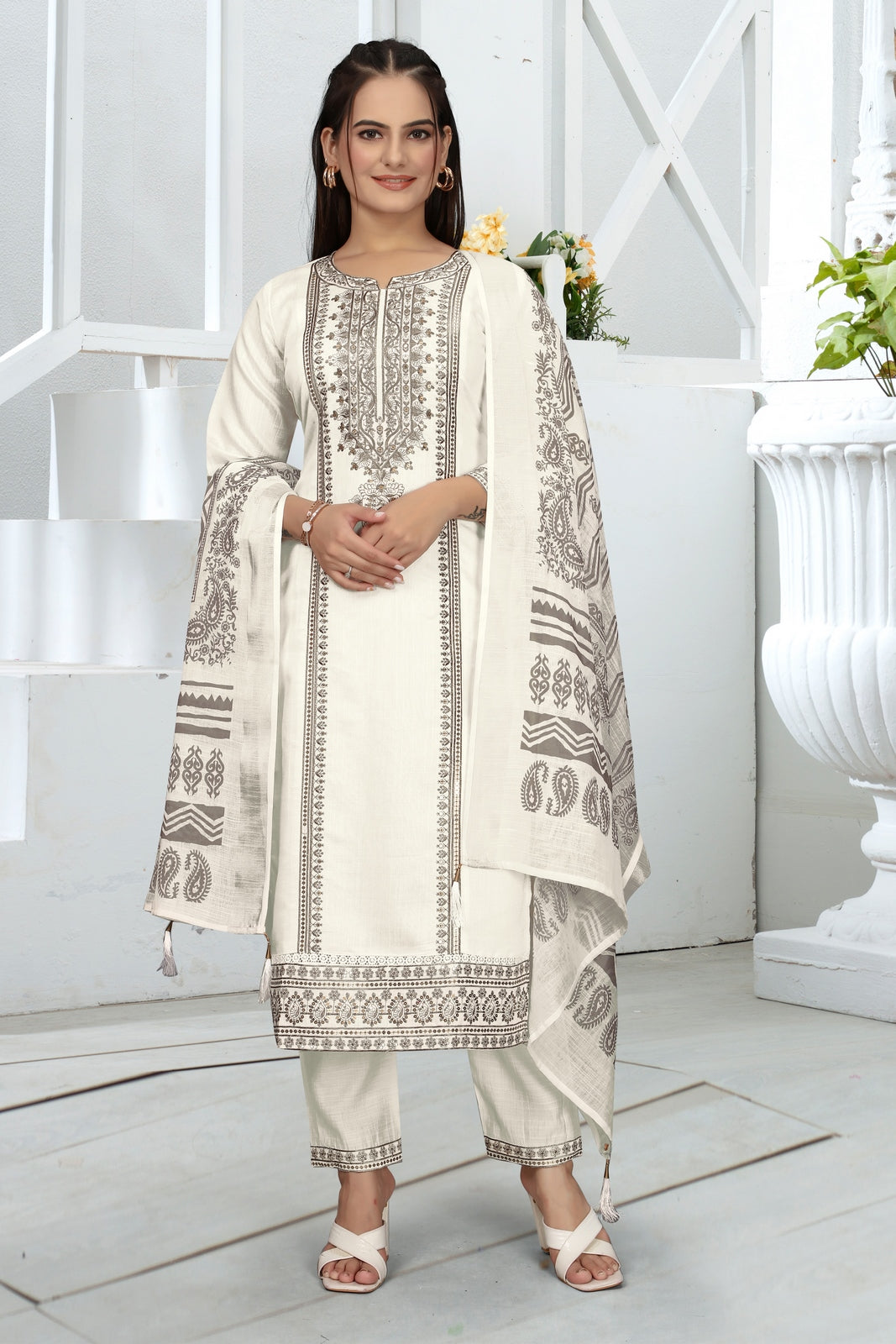 White Vatican Kurta Set - Elegant Neck Sequence Embroidery & Jacquard Dupatta