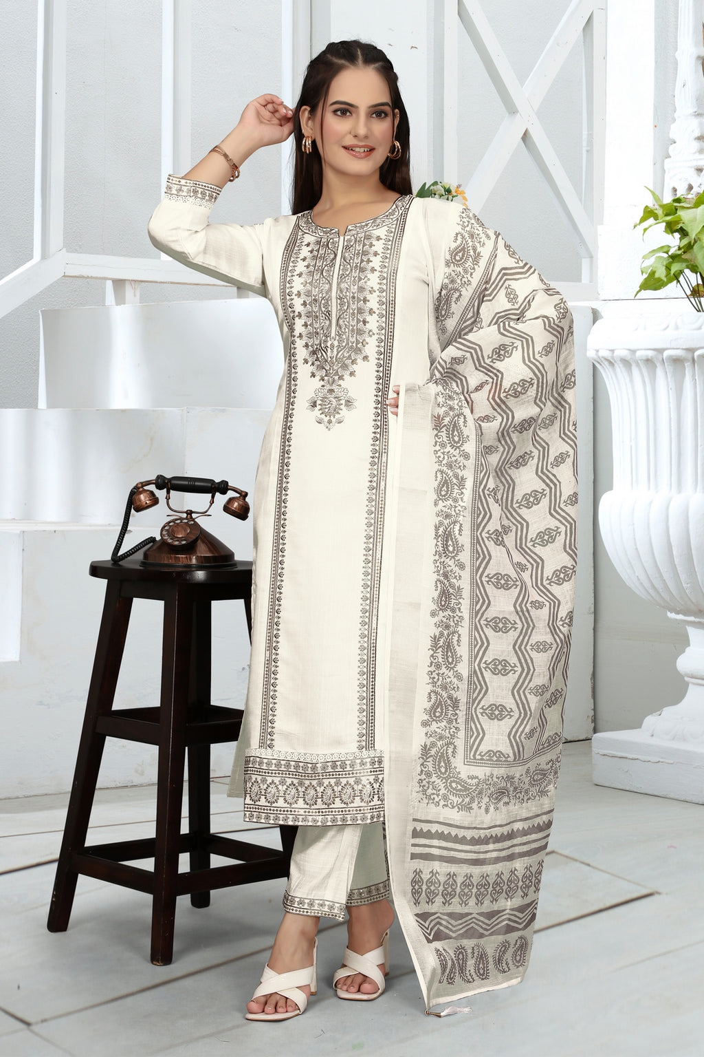 White Vatican Kurta Set - Elegant Neck Sequence Embroidery & Jacquard Dupatta