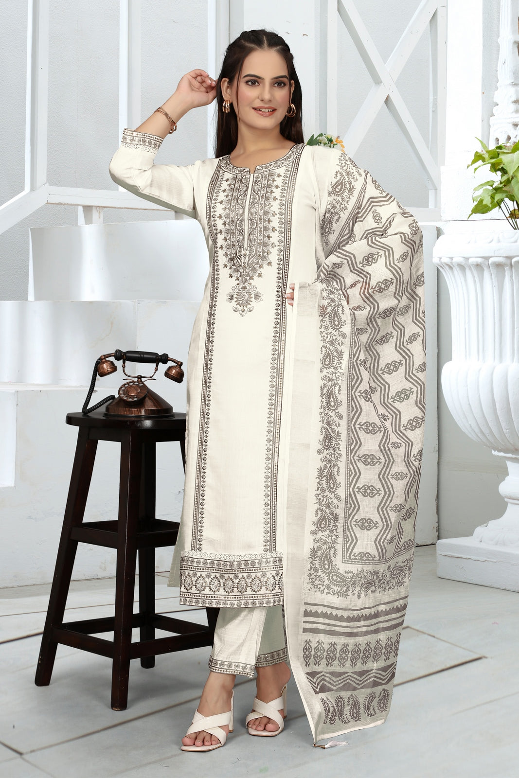White Vatican Kurta Set - Elegant Neck Sequence Embroidery & Jacquard Dupatta