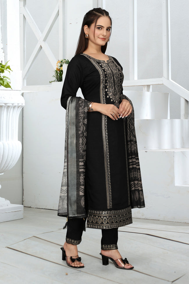 Black Vatican Kurta Set - Elegant Neck Sequence Embroidery & Jacquard Dupatta Main Image
