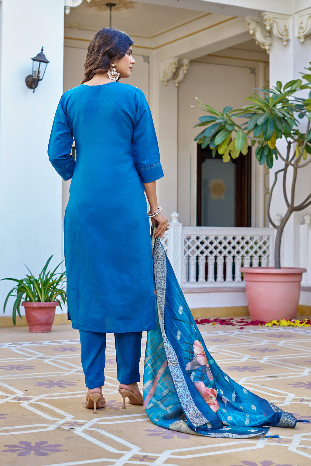 Blue Floral Embroidered Kurta Set with Jacquard Dupatta for Women