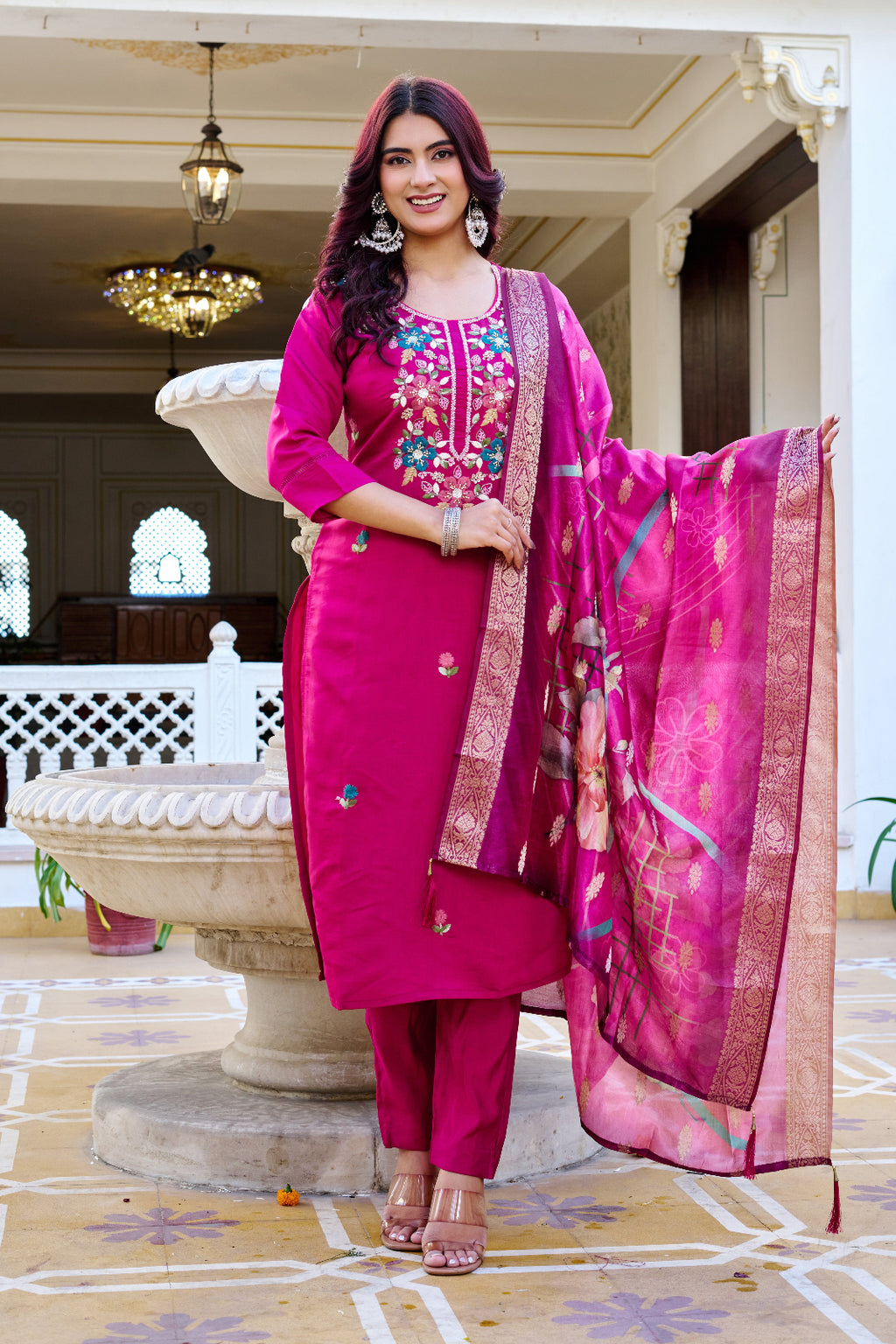 Tanturiti Pink Floral Embroidered Kurta Set with Jacquard Dupatta for Women