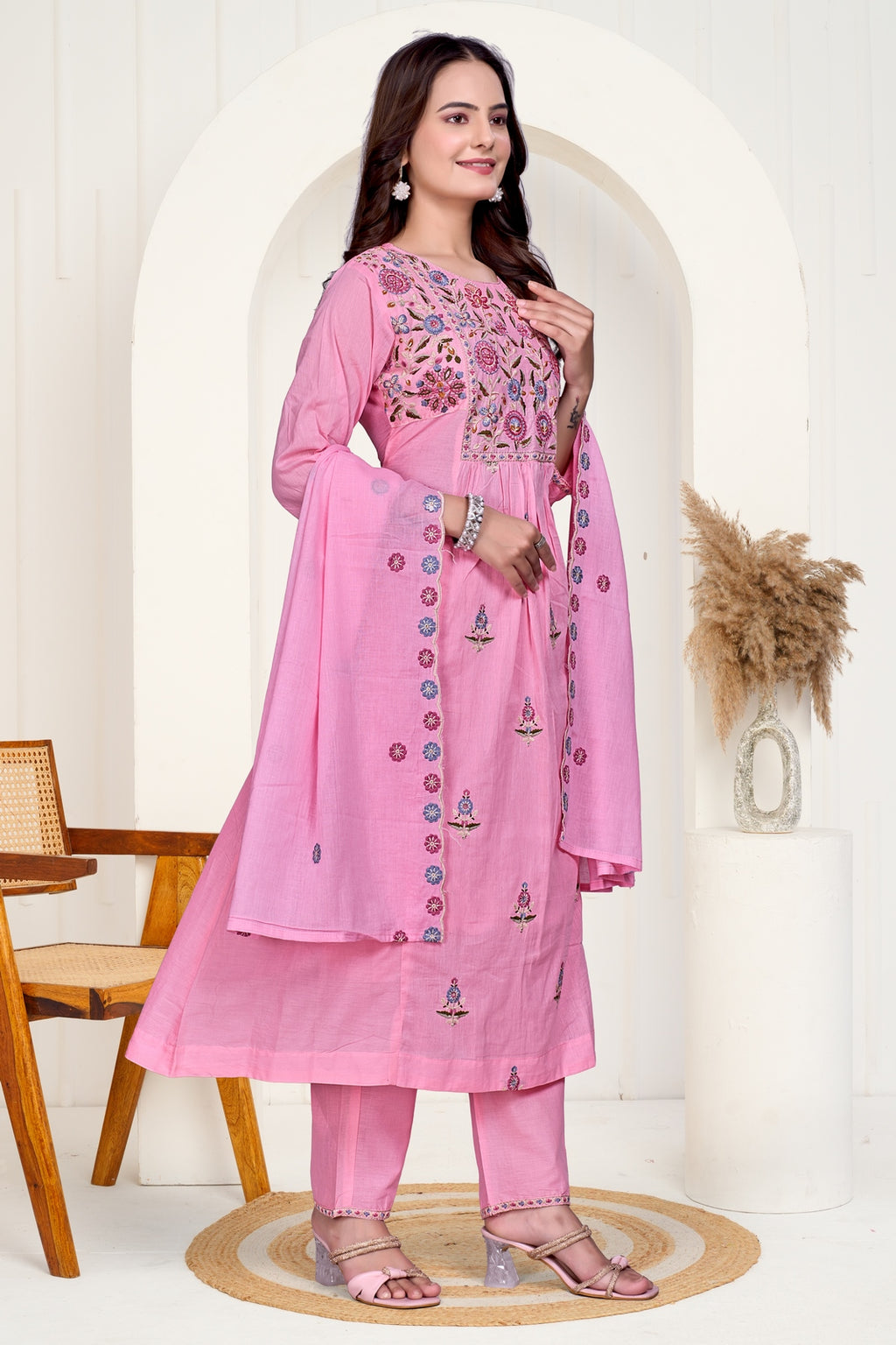 Pink Mulmul Cotton A-Line Embroidered Kurta Set with Soft Dupatta