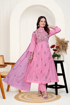 Pink Mulmul Cotton A-Line Embroidered Kurta Set with Soft Dupatta