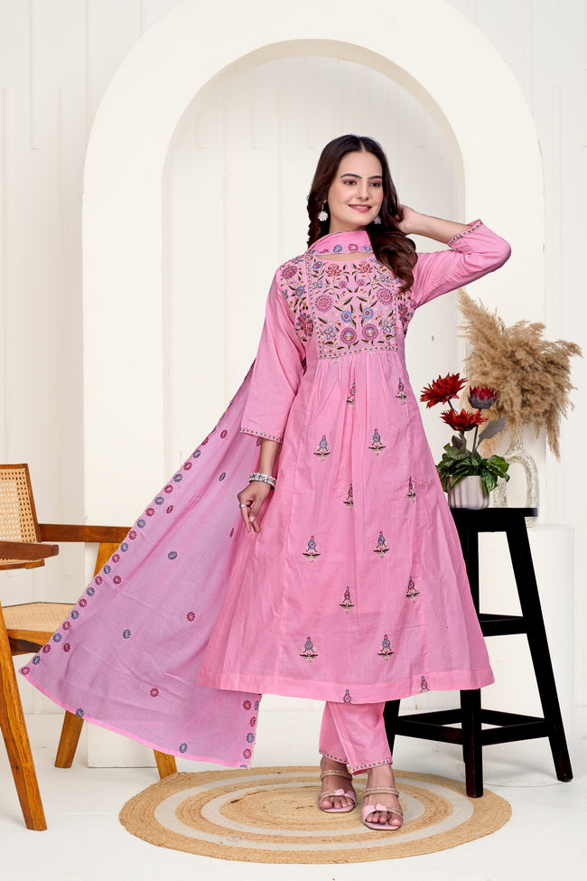 Pink Mulmul Cotton A-Line Embroidered Kurta Set with Soft Dupatta Hover Image