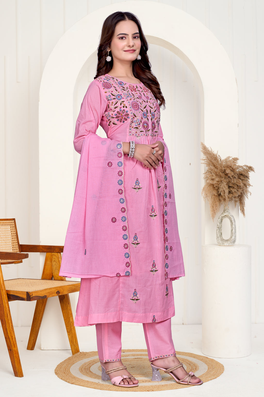 Pink Mulmul Cotton A-Line Embroidered Kurta Set with Soft Dupatta