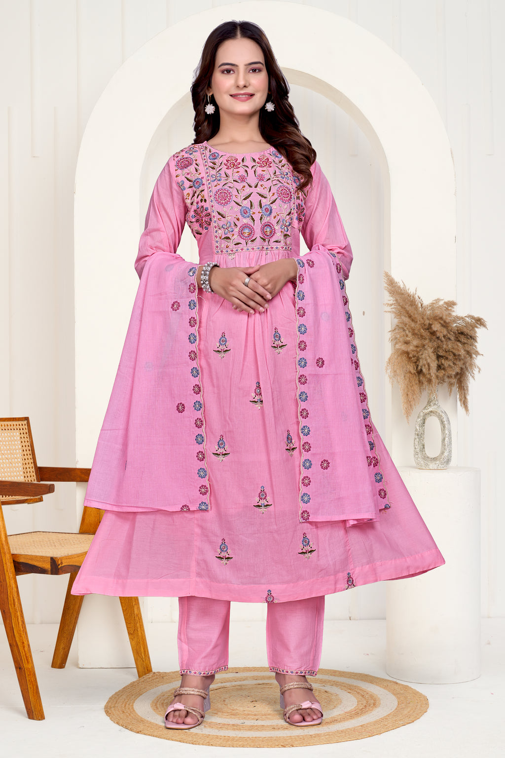 Pink Mulmul Cotton A-Line Embroidered Kurta Set with Soft Dupatta