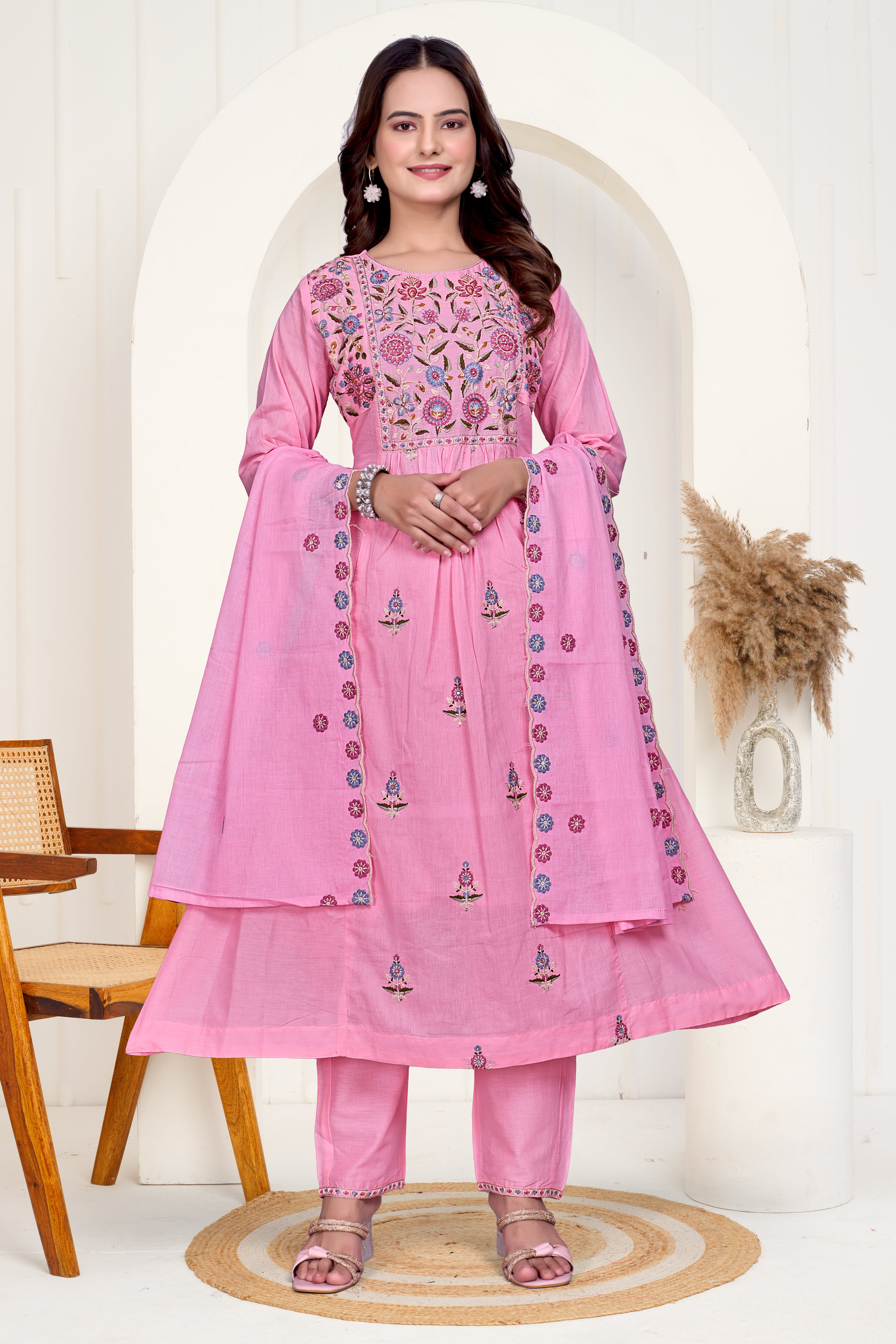 Pink Mulmul Cotton A-Line Embroidered Kurta Set with Soft Dupatta