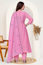 Pink Mulmul Cotton A-Line Embroidered Kurta Set with Soft Dupatta