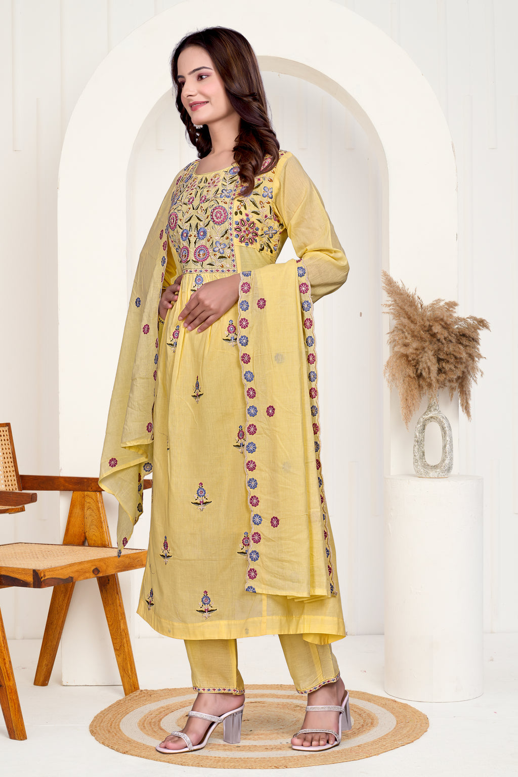 Yellow Mulmul Cotton Floral Embroidered Kurta Set with Cut-Work Dupatta