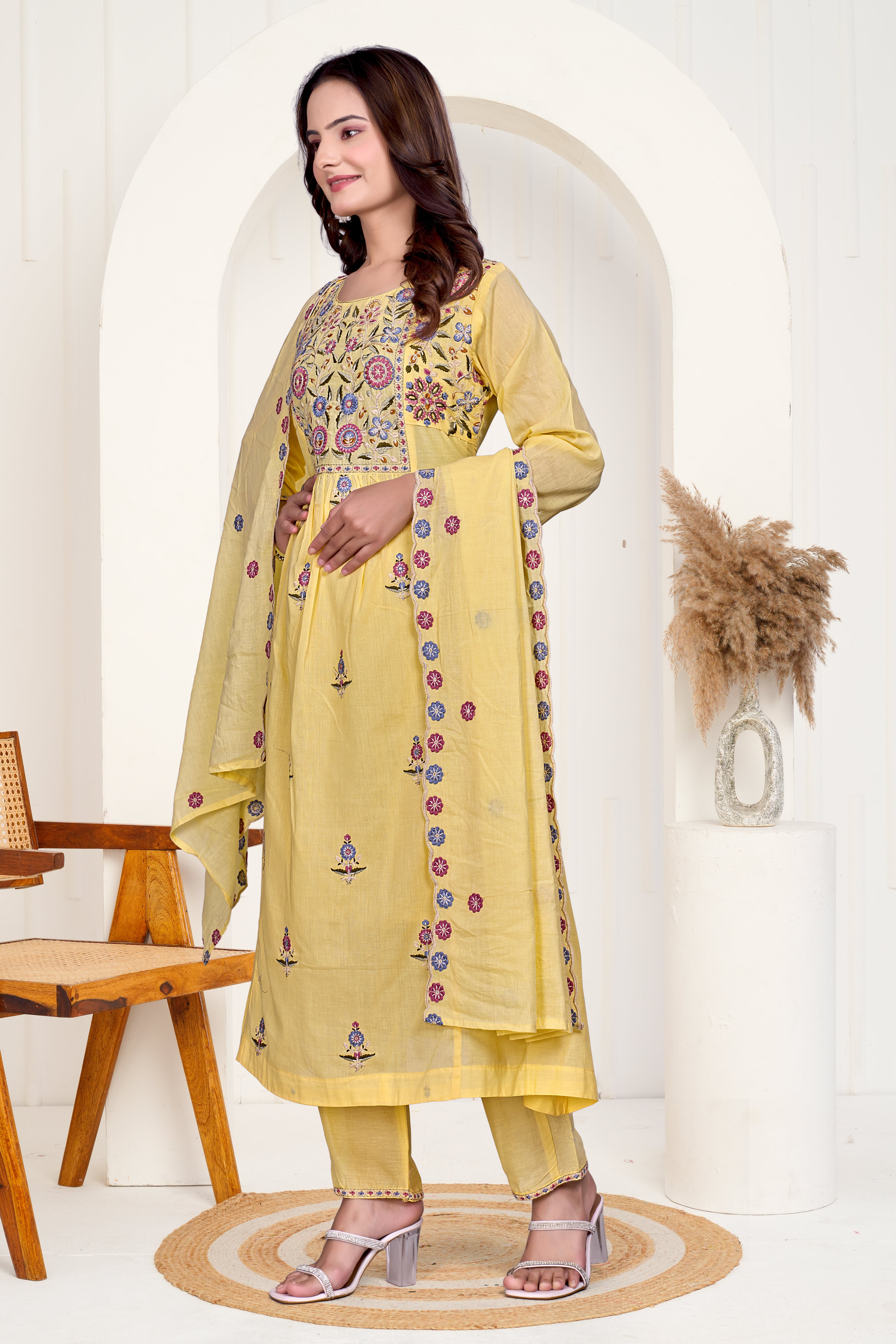 Yellow Mulmul Cotton Floral Embroidered Kurta Set with Cut-Work Dupatta