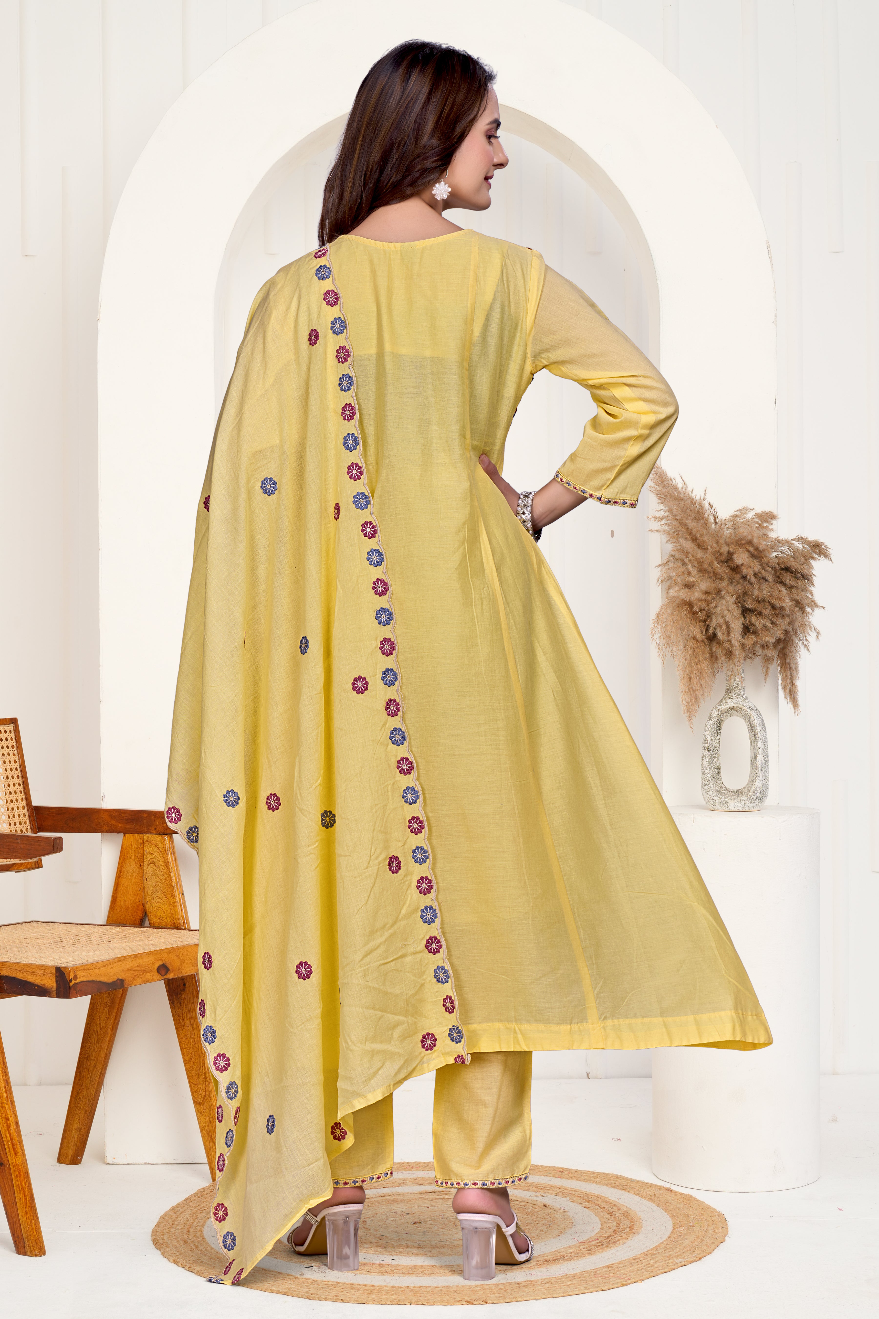 Yellow Mulmul Cotton Floral Embroidered Kurta Set with Cut-Work Dupatta