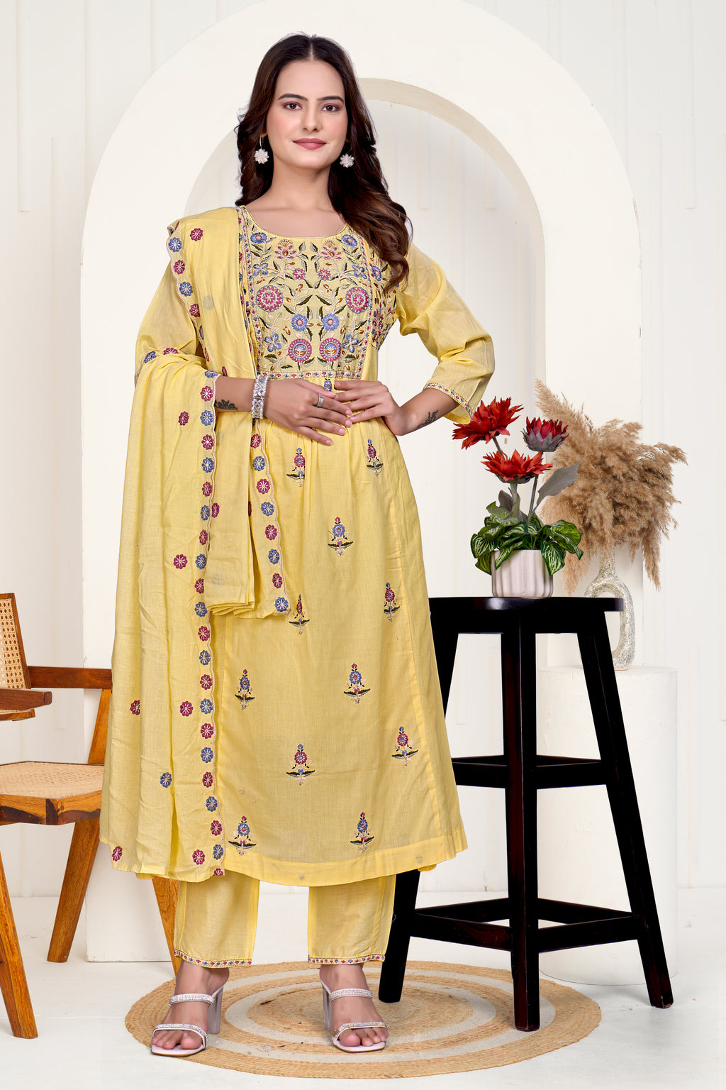 Yellow Mulmul Cotton Floral Embroidered Kurta Set with Cut-Work Dupatta