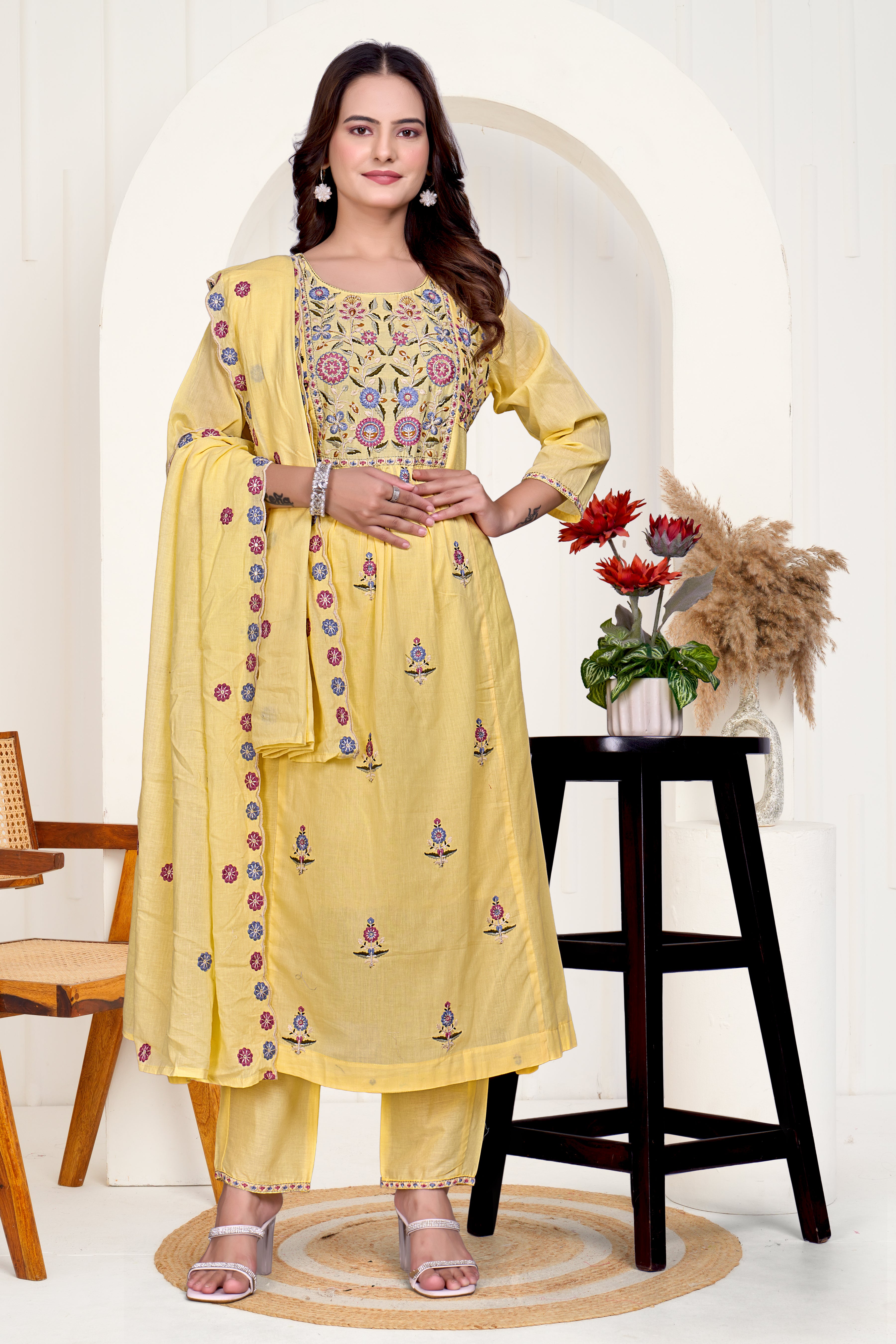 Yellow Mulmul Cotton Floral Embroidered Kurta Set with Cut-Work Dupatta