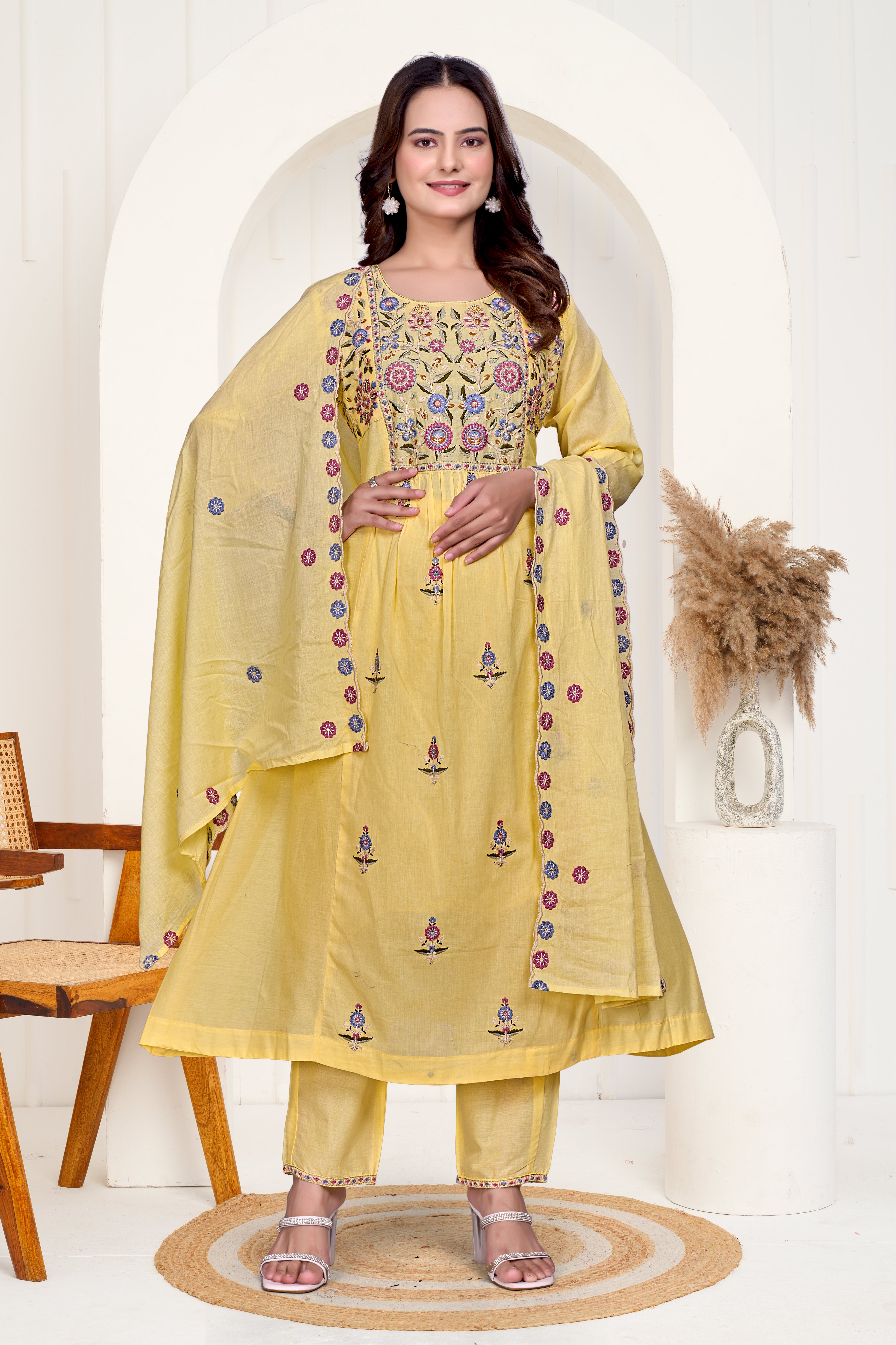 Yellow Mulmul Cotton Floral Embroidered Kurta Set with Cut-Work Dupatta