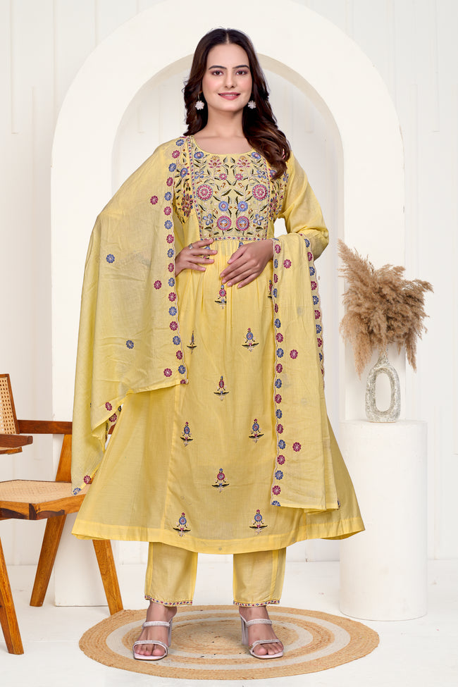 Yellow Mulmul Cotton Floral Embroidered Kurta Set with Cut-Work Dupatta Hover Image
