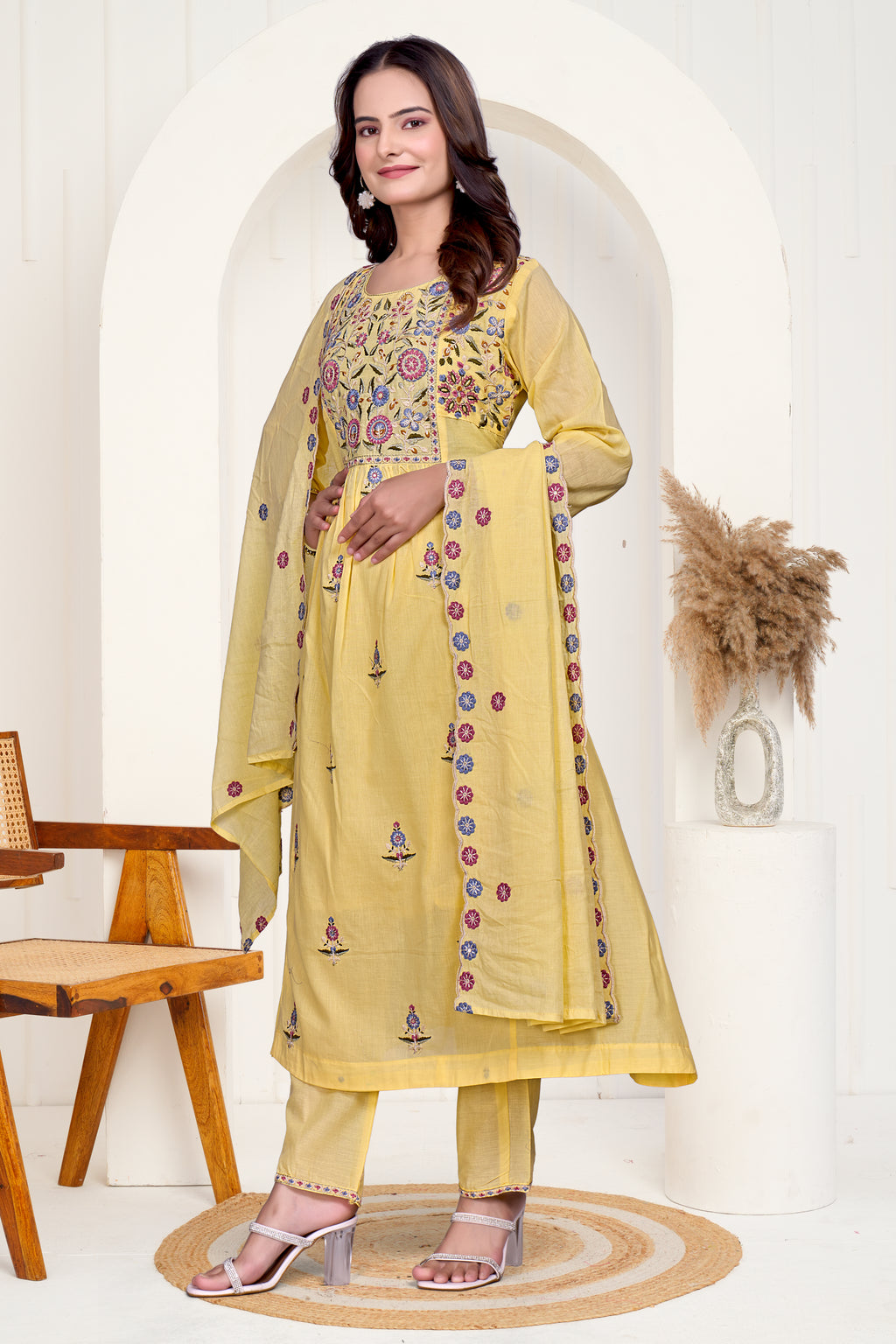 Yellow Mulmul Cotton Floral Embroidered Kurta Set with Cut-Work Dupatta
