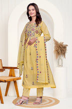 Yellow Mulmul Cotton Floral Embroidered Kurta Set with Cut-Work Dupatta