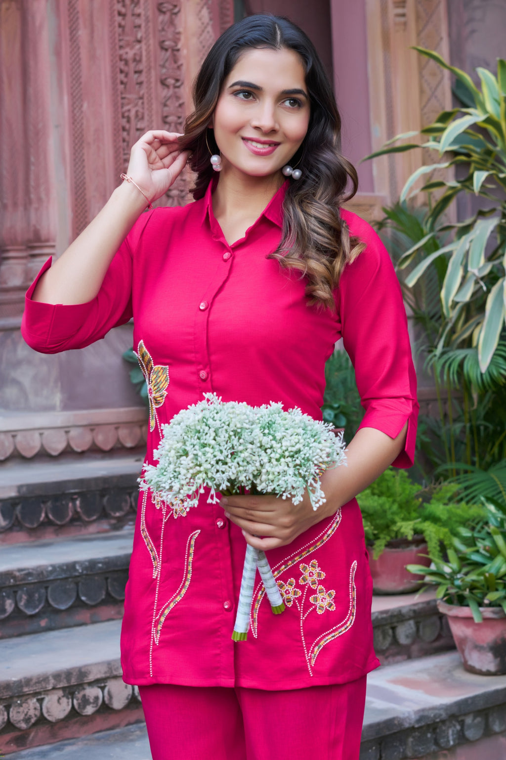 Barbie Pink Floral Embroidered Button-Down Trendy Co-ord Set