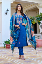 Blue Floral Embroidered Kurta Set with Jacquard Dupatta for Women