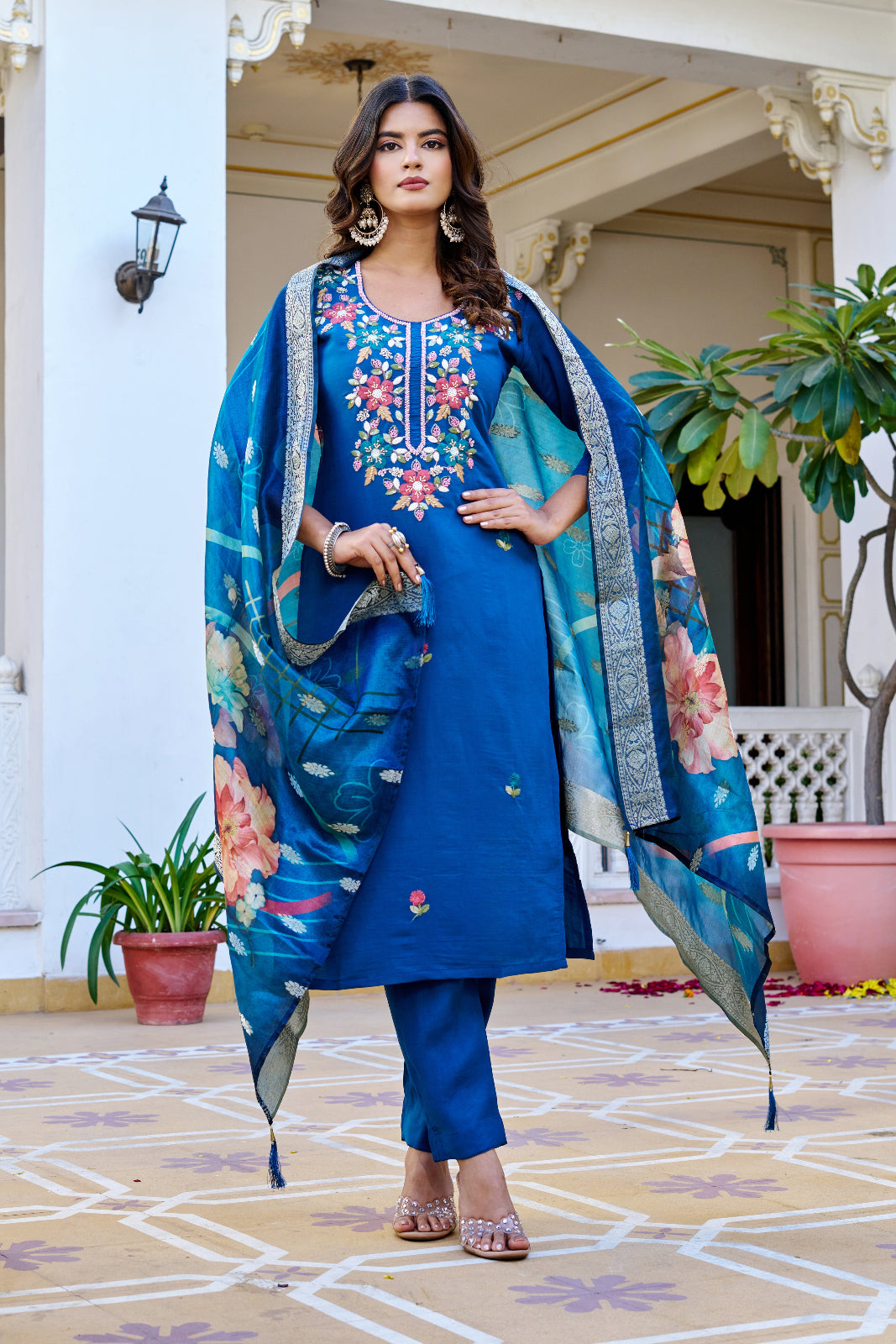 Blue Floral Embroidered Kurta Set with Jacquard Dupatta for Women