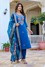 Blue Floral Embroidered Kurta Set with Jacquard Dupatta for Women