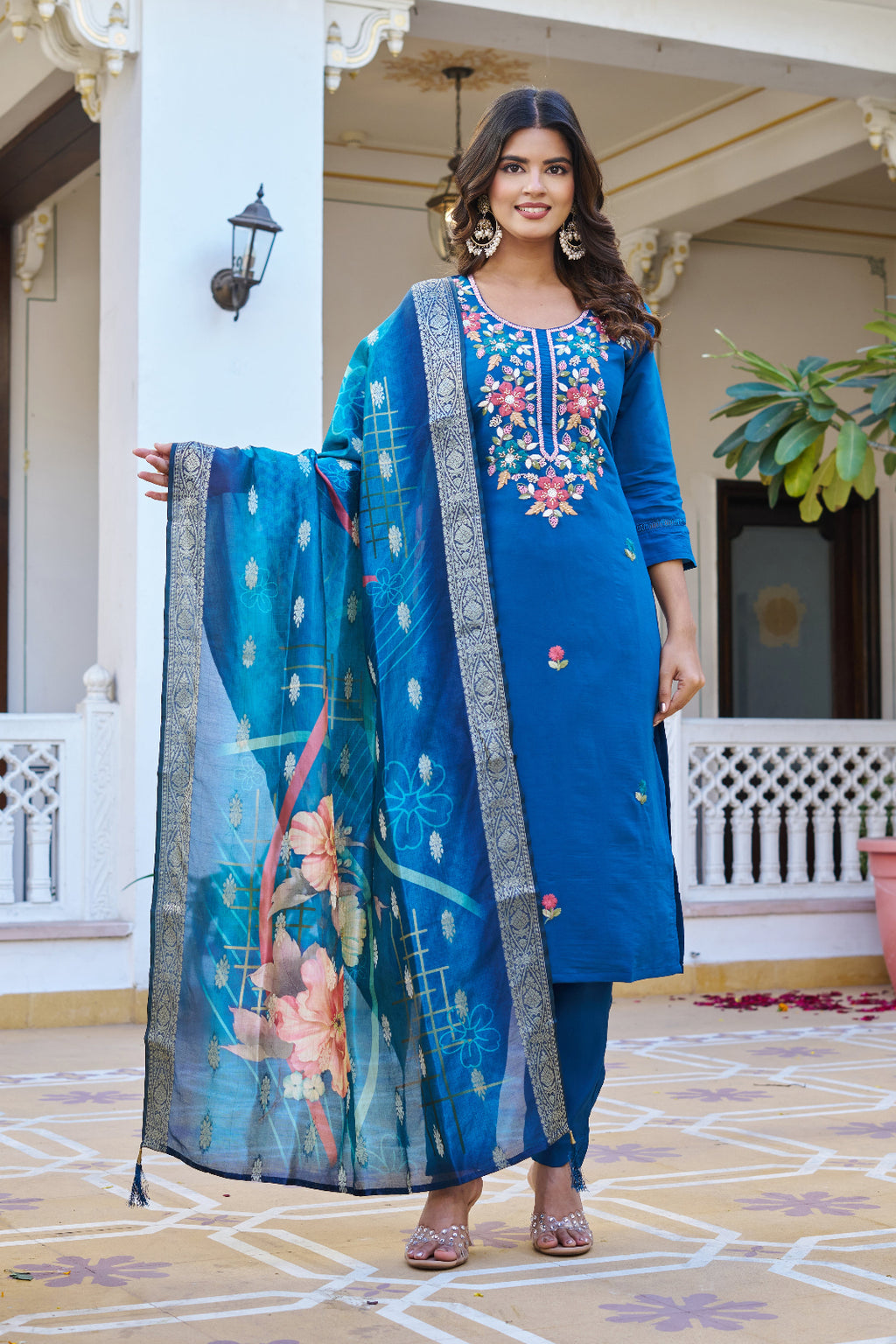 Blue Floral Embroidered Kurta Set with Jacquard Dupatta for Women
