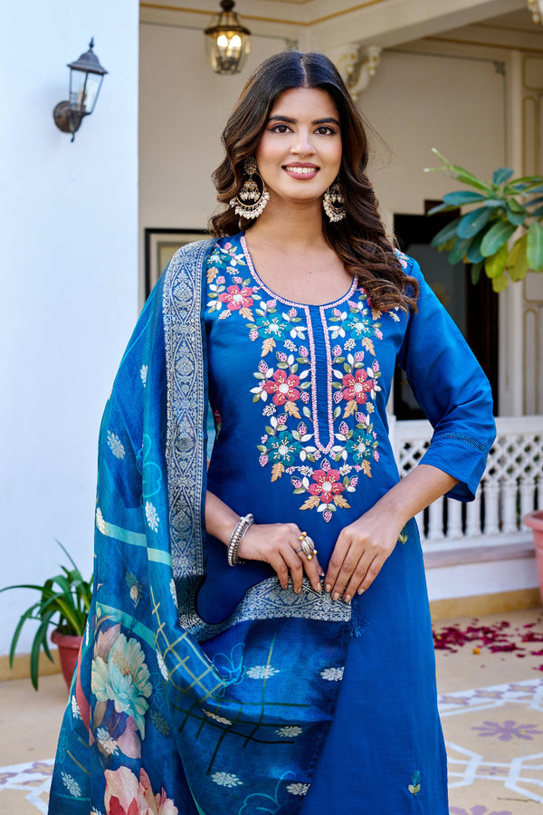 Blue Floral Embroidered Kurta Set with Jacquard Dupatta for Women