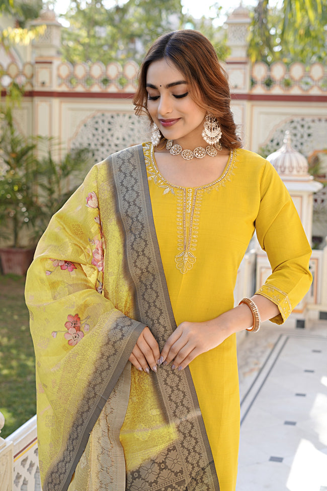 Mustard Yellow Vatican Kurta Set - Floral Embroidery & Jacquard Dupatta Hover Image